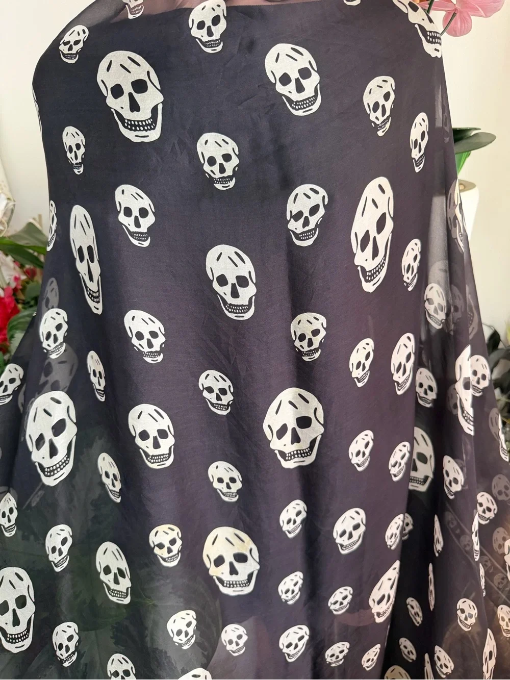 Alexander McQueen Black and White Skull Print wrap Silk Scarf.